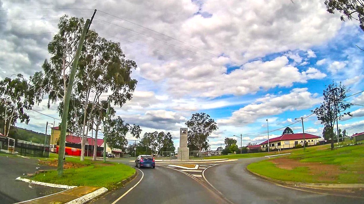 The roundabout and war memorial at the centre of Cherbourg today