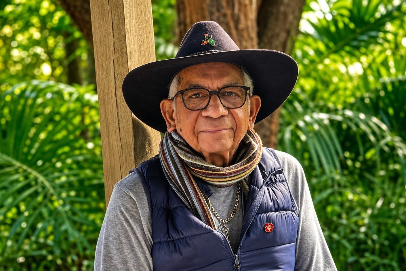 Uncle Bill Lemson on the veranda in his black hat, striped scarf and navy vest, green garden behind him, looking warmly at the camera