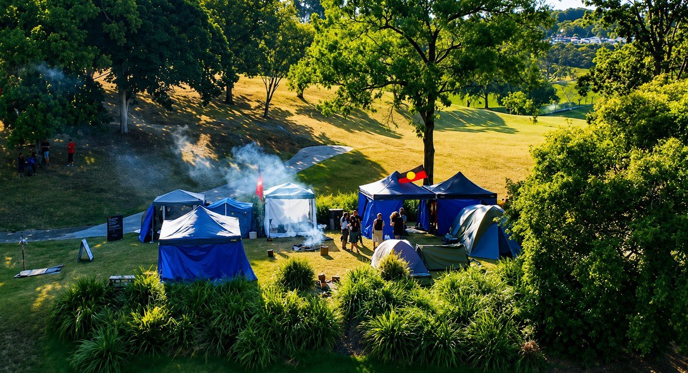Aerial view of the Goori Camp Embassy at Barrambin (Victoria Park), Brisbane &mdash; blue tents, a sacred-fire smoke plume, and the Aboriginal flag flying above the camp.