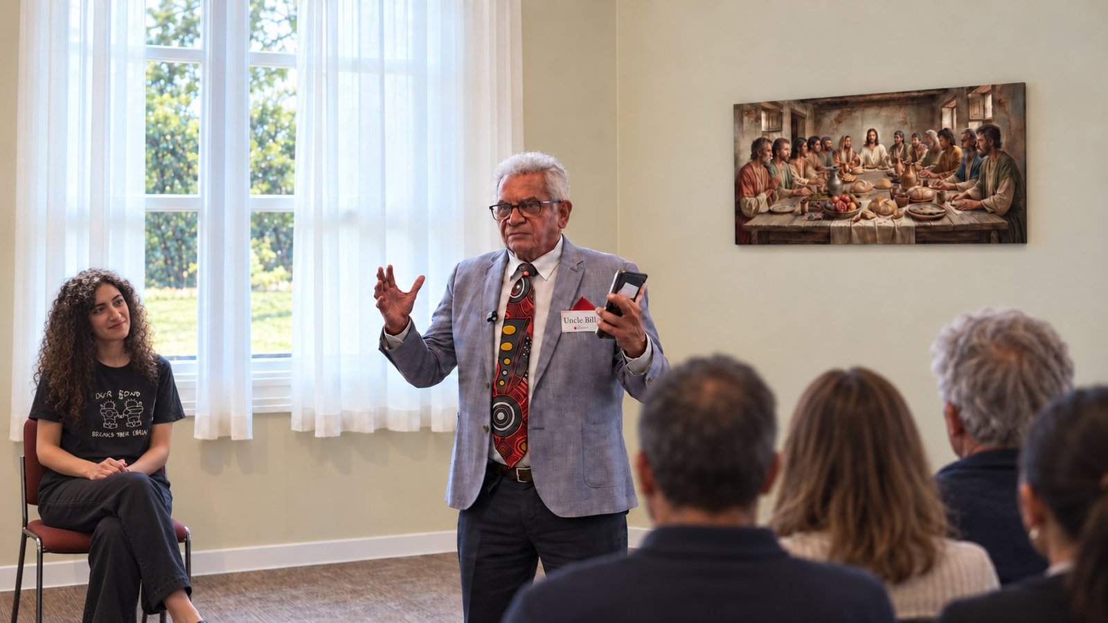 Uncle Bill Lemson on his feet, speaking to a seated audience in the Darnell Room, one hand raised, with Remah Naji seated beside the window.