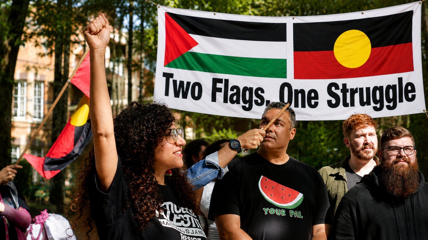 Remah Naji at a rally, fist raised, beneath a banner showing the Palestinian and Aboriginal flags with the words Two Flags, One Struggle. Around her, supporters and Aboriginal flags among the trees.